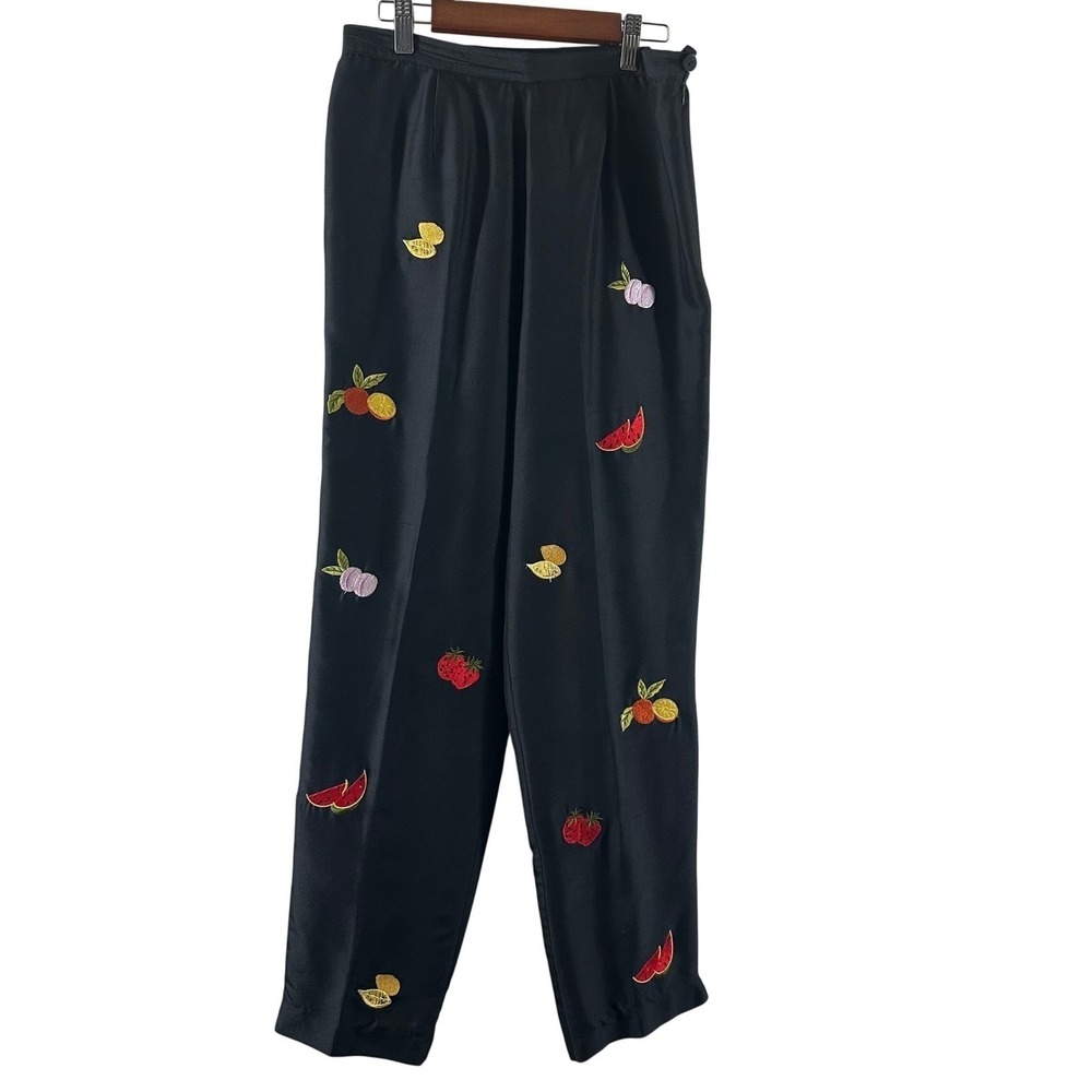 Silkland Black 100% Silk Embroidered Fruit High Waist Tapered Pants Size 6 90's